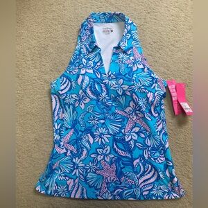 LILLY PULITZER Lakelyn Bra Polo UPF 50 Amalfi Blue Sound The Sirens Sz M, NWT